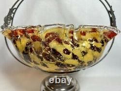 Victorian Splatter Tortoise Shell Art Glass Brides Basket-Monarch Silver Plate