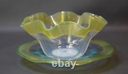 Victorian Stevens&Williams Art Glass Finger Bowl&Plate Green Opaline Threaded