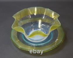 Victorian Stevens&Williams Art Glass Finger Bowl&Plate Green Opaline Threaded