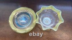 Victorian Stevens&Williams Art Glass Finger Bowl&Plate Green Opaline Threaded