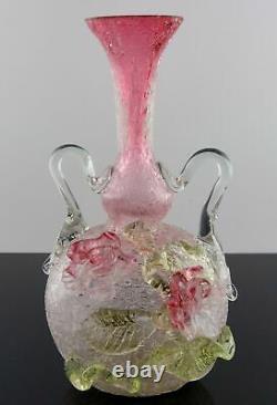 Victorian Stevens Williams Crackle Glass Bud Vase Applied Flowers UV Harrach