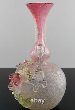 Victorian Stevens Williams Crackle Glass Bud Vase Applied Flowers UV Harrach