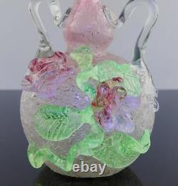 Victorian Stevens Williams Crackle Glass Bud Vase Applied Flowers UV Harrach