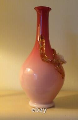 Victorian Stevens & Williams Peachblow Glass Vase with Applied Floral Decoration