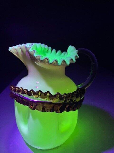 Victorian Stevens & Williams Pink Cased Glass Water Pitcher With Applied Leaf
