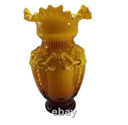 Victorian Style Fused Cased Glass Vase amber Yellow Ruffled Edge