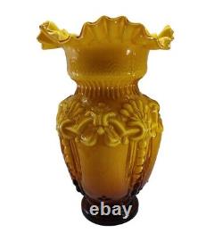 Victorian Style Fused Cased Glass Vase amber Yellow Ruffled Edge