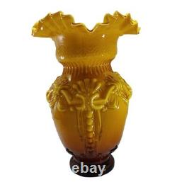 Victorian Style Fused Cased Glass Vase amber Yellow Ruffled Edge