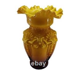 Victorian Style Fused Cased Glass Vase amber Yellow Ruffled Edge