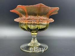 Victorian Uranium Art Glass Compote Candy Dish Cranbery/Amber Color Footed Bowl