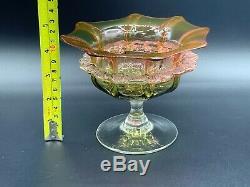 Victorian Uranium Art Glass Compote Candy Dish Cranbery/Amber Color Footed Bowl