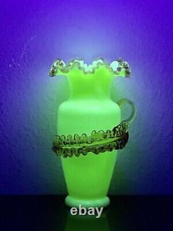 Victorian Uranium Vase Blown Glass Vase Crimped Rim, Applied Floral Decor