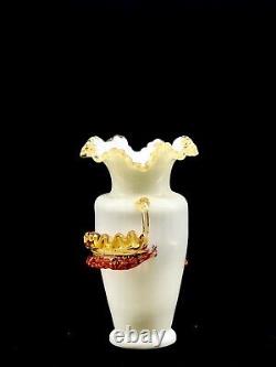 Victorian Uranium Vase Blown Glass Vase Crimped Rim, Applied Floral Decor