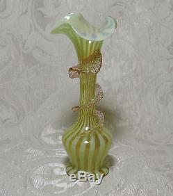 Victorian Uranium Vaseline Blown Glass Vase with Pink Applications c1890's