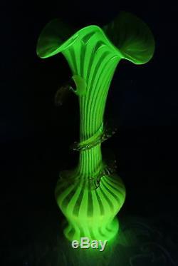 Victorian Uranium Vaseline Blown Glass Vase with Pink Applications c1890's
