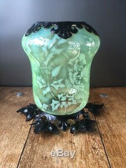 Victorian Vaseline Uranium Glass & Iron Leaf Ceiling Light Shade Arts & Crafts