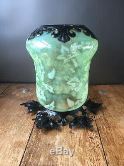 Victorian Vaseline Uranium Glass & Iron Leaf Ceiling Light Shade Arts & Crafts