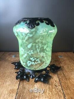 Victorian Vaseline Uranium Glass & Iron Leaf Ceiling Light Shade Arts & Crafts