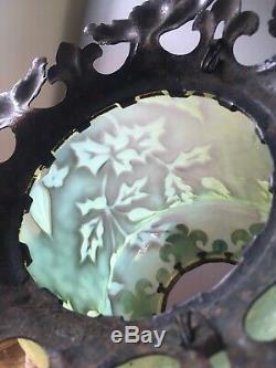 Victorian Vaseline Uranium Glass & Iron Leaf Ceiling Light Shade Arts & Crafts