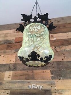 Victorian Vaseline Uranium Glass & Iron Leaf Ceiling Light Shade Arts & Crafts