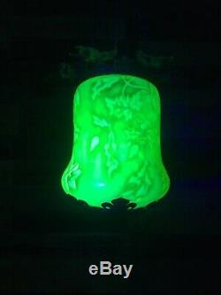 Victorian Vaseline Uranium Glass & Iron Leaf Ceiling Light Shade Arts & Crafts