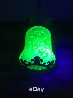 Victorian Vaseline Uranium Glass & Iron Leaf Ceiling Light Shade Arts & Crafts