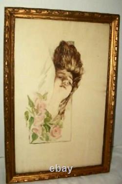 Victorian Watercolor Painting Lady Portrait Hair Down Wavy Glass Art Nouveau