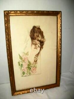 Victorian Watercolor Painting Lady Portrait Hair Down Wavy Glass Art Nouveau