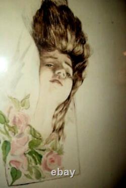 Victorian Watercolor Painting Lady Portrait Hair Down Wavy Glass Art Nouveau