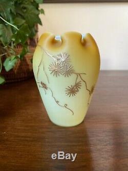Victorian Webb Harrach Butterscotch Enamel Case Glass Vase Crimped Open 4 Tall