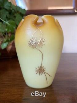 Victorian Webb Harrach Butterscotch Enamel Case Glass Vase Crimped Open 4 Tall