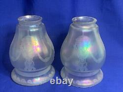 Victorian art glass Verre de Soie style etched Urn and Swag pattern lamp shades