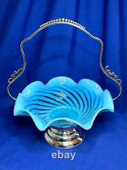 Victorian art glass blue opalescent Bride's basket with silverplate frame