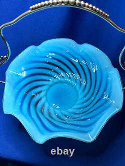 Victorian art glass blue opalescent Bride's basket with silverplate frame