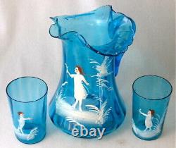 Victorian art glass blue optic rib MARY GREGORY pitcher set, 3 p, 9 H