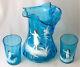 Victorian Art Glass Blue Optic Rib Mary Gregory Pitcher Set, 3 P, 9 H