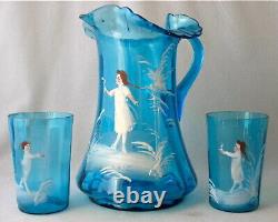 Victorian art glass blue optic rib MARY GREGORY pitcher set, 3 p, 9 H