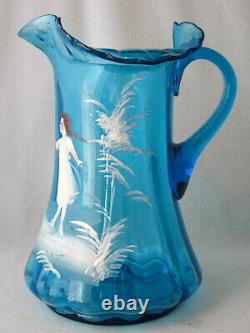 Victorian art glass blue optic rib MARY GREGORY pitcher set, 3 p, 9 H