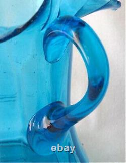 Victorian art glass blue optic rib MARY GREGORY pitcher set, 3 p, 9 H