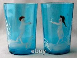 Victorian art glass blue optic rib MARY GREGORY pitcher set, 3 p, 9 H