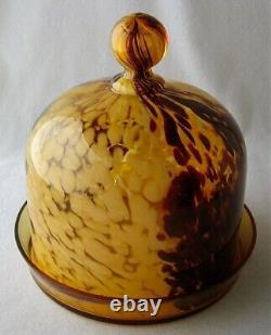 Victorian art glass white and maroon spatter amber cased cheese dish, 7 h. + d