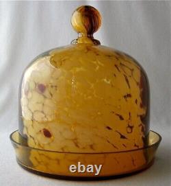 Victorian art glass white and maroon spatter amber cased cheese dish, 7 h. + d