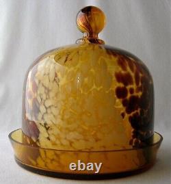 Victorian art glass white and maroon spatter amber cased cheese dish, 7 h. + d