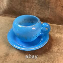 Victorian blue French opaline art glass hand blown cup and saucer gilt Trim Victorian blue French opaline art glass hand blown cup and saucer gilt Trim