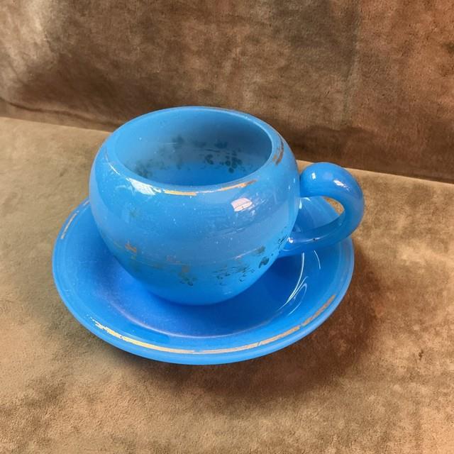 Victorian Blue French Opaline Art Glass Hand Blown Cup And Saucer Gilt Trim