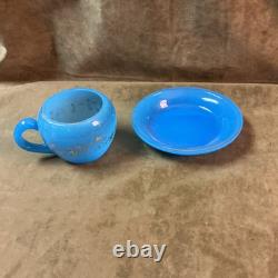 Victorian blue French opaline art glass hand blown cup and saucer gilt Trim Victorian blue French opaline art glass hand blown cup and saucer gilt Trim
