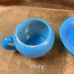 Victorian blue French opaline art glass hand blown cup and saucer gilt Trim Victorian blue French opaline art glass hand blown cup and saucer gilt Trim