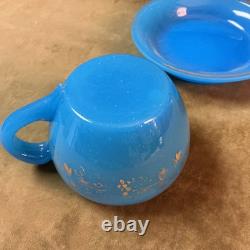 Victorian blue French opaline art glass hand blown cup and saucer gilt Trim Victorian blue French opaline art glass hand blown cup and saucer gilt Trim