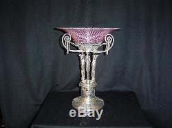 Victorian epergne silverplated with hand painted pink art glass bowl