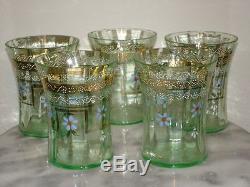 Victorian era Antique Art Glass Decorated 5 Vaseline Tumblers with Gilding